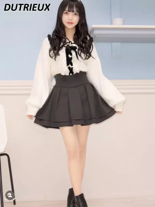 Japońskie Lolita czarne spódnice damskie 2023 wiosenny i jesienny nowy Radian talia wąska krótka plisowana spódnica damska minispódniczka Culottes