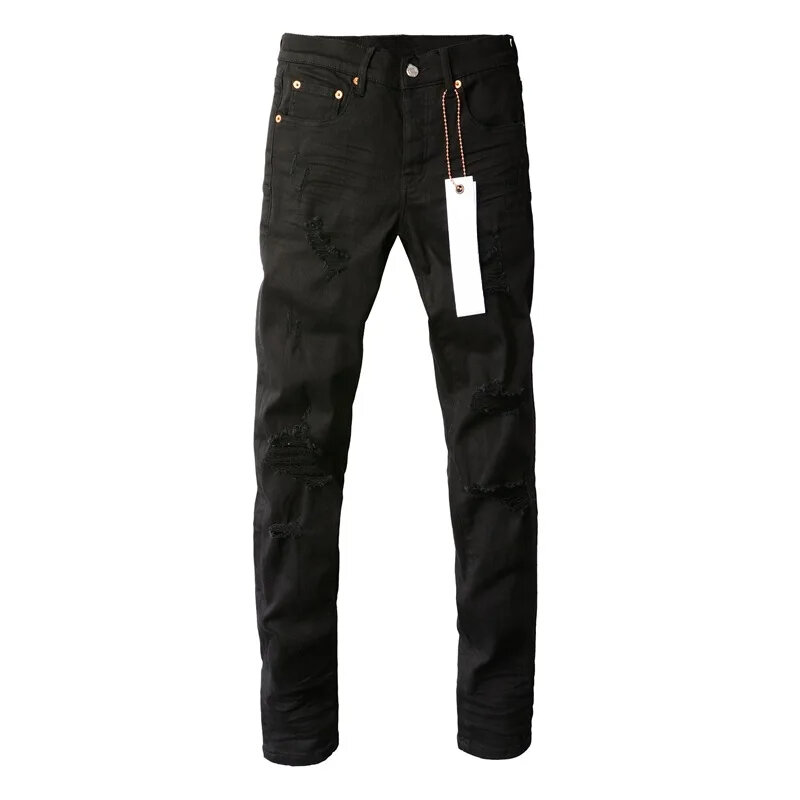 Ungu merek ROCA Jeans Fashion High Street hitam distressed Fashion kualitas tinggi perbaikan rendah naik celana Denim kurus