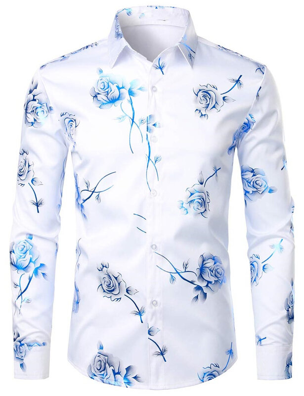 Top de botão de lapela impressão 3D flores masculinas, camisa manga comprida, roupa confortável, estilos de festa, moda, 2024