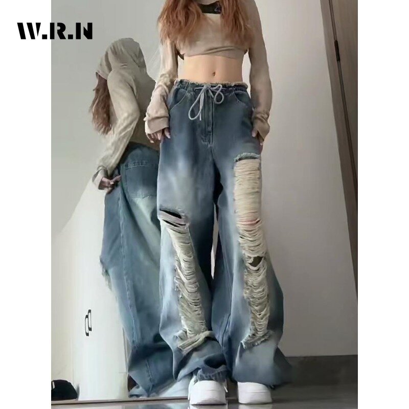 2024 wiosenne w stylu Vintage Harajuku Y2K luźne jeansy damskie wydrążone niebieskie spodnie z szerokimi nogawkami luźne, tandesowe spodnie dżinsowe