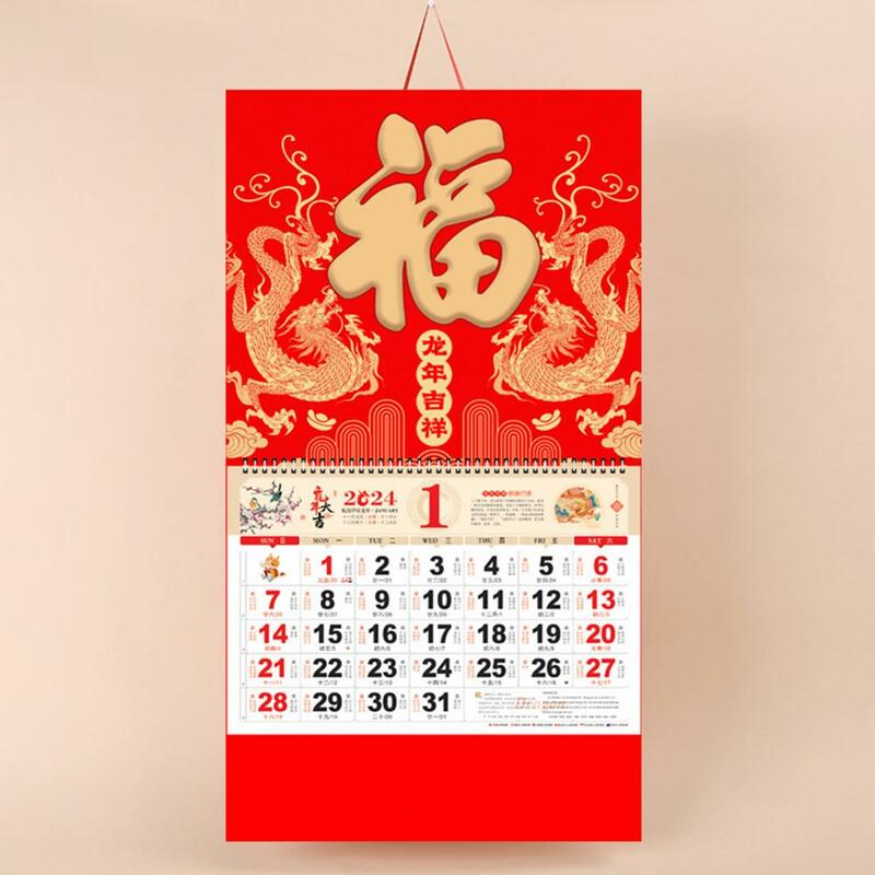 Traditional Holiday Planner 2024 Year of Dragon Wall Calendar Lunar Coil Page Turning Ornamental Chinese New Year for Home