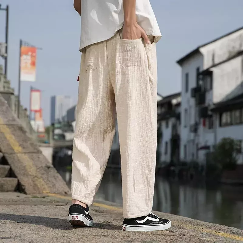 Men's New Chinese Pants Cotton Japanese Casual Streetwear Harajuku Loose Pants Men's Solid Large Jogging Pants M-5XL