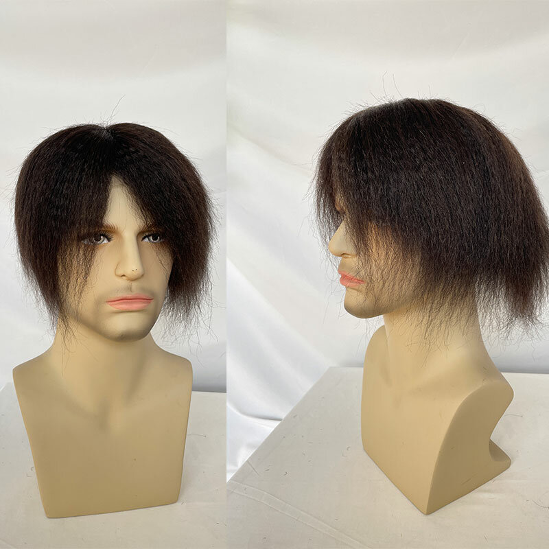 Rambut palsu renda penuh pria, wig hitam alami lurus 10 × 8 inci sistem pengganti rambut manusia asli untuk pria
