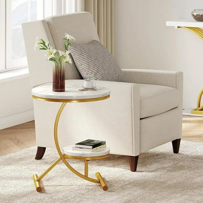 A! Round Side Table, Gold, Small Table, Marble Style, Laptop Table, Living Room Table for Living Room, Bedroom, Bedside Table