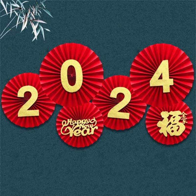 Chinese New Year Paper Fan Decorations Happy 2024 dragon Years Spring Festival Wall Round Paper Fan Backdrops Party Supplies