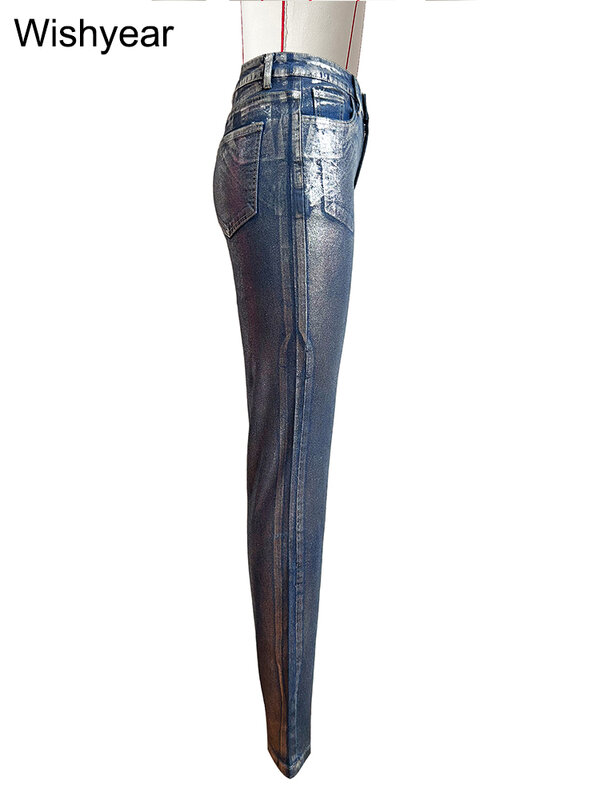 Fashion celana Jeans kurus wanita perak, celana pensil Denim regang ramping pinggang tinggi dicuci, celana Punk koboi Harajuku Streetwear