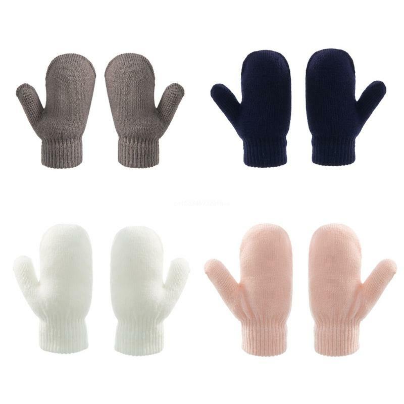 1 par guantes punto para bebés invierno para niños pequeños, guantes cálidos con dedos completos Color sólido/