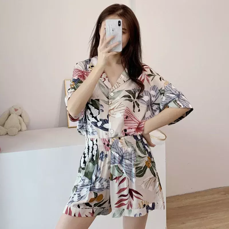 Pajamas Women's Short-sleeved Cropped Trousers Pajamas Set with Leaves Printing Lapel Casual Large Size Loose Style Home Clothes