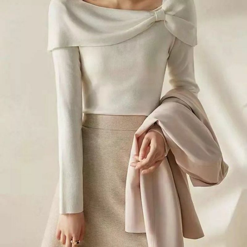 Koreaanse Elegante Chic Boog Vierkante Kraag Zoete Slanke Basic Knitwear Vrouwen Lente Herfst Casual Solid Lange Mouwen Top Vrouwelijke Kleding