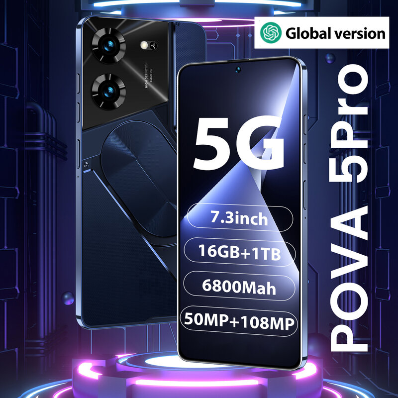 Telefono cellulare originale 5G Pova 5 Pro Smartphone 7.3 schermo HD 16G + 1T 6800Mah 50MP + 108MP Android13 Dual SIM Face sbloccato Celular