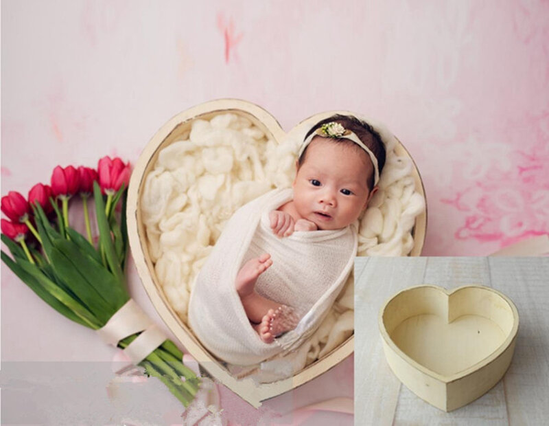 新生児写真アクセサリー,シンプルな木製のハート型のボックス,赤ちゃんの写真スタジオのアクセサリー