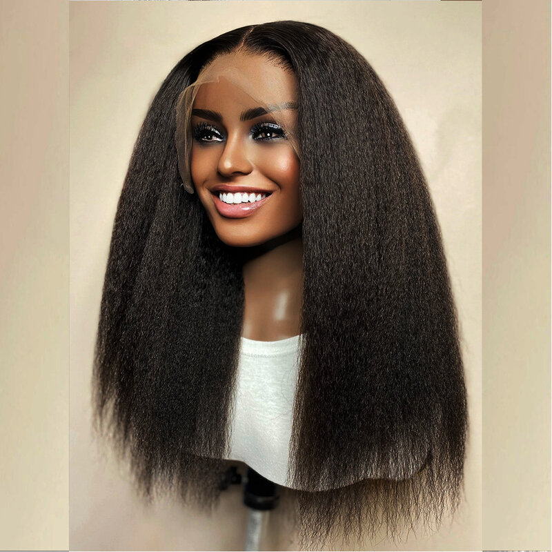 Yaki Glueless Long Soft Lace Front Wig pour femme, Kinky Straight, BabyHair, Black, Preplucked, Heat Degree, 26 in, Densité 180