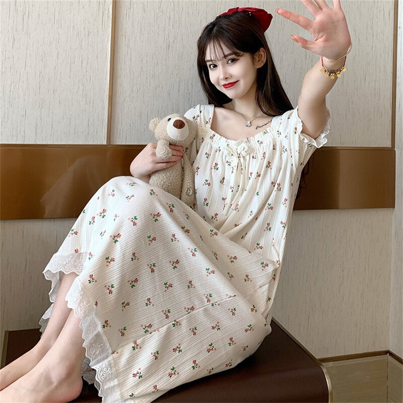 KoreaSweet-Belle chemise de nuit à col carré à volants pour femmes, bord en dentelle, coton, lin, respirant, manches courtes, décontracté, vêtements de maison
