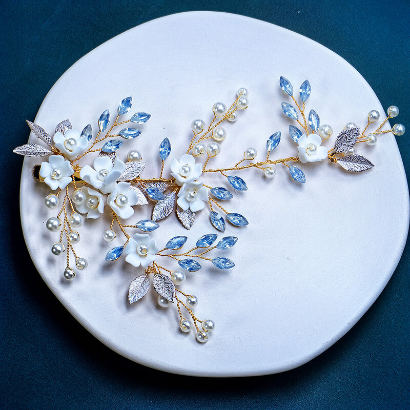 Porcelanowa z kwiatem ślubny grzebień perłowy ozdoba do włosów ślubny kryształowy ślubny diadem ślubny ślubny i druhna z kryształkami do włosów Orname