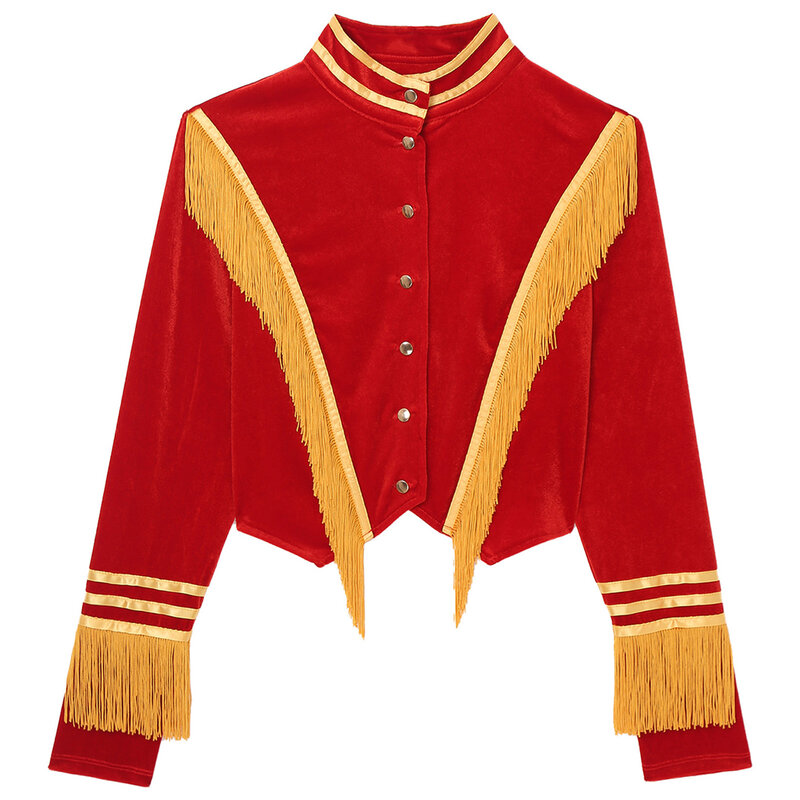 Women's Halloween Circus Ringmaster Jackets Velvet Outerwear Ringleader Coat Magician Circus Cosplay Tassel Stripe Crop Jackets