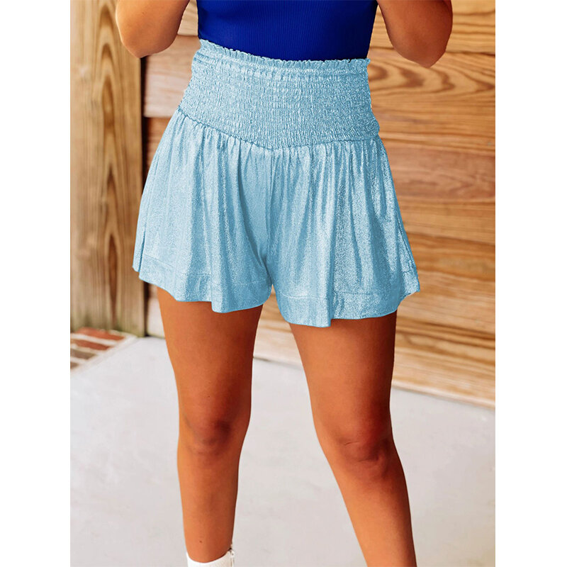 Summer Hipster  Streetwear Women's Folds Elastic Waist Shiny Wide Leg Short Oversized Lady Casual Fashion All-match Trend Shorts
