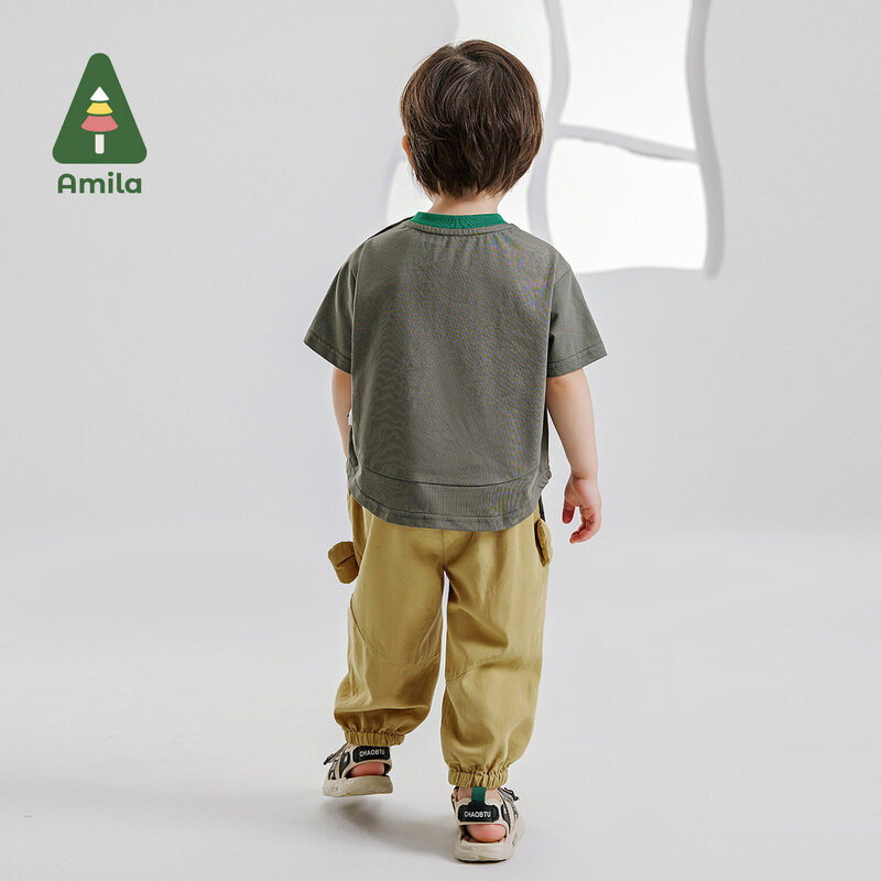 Amila 2024 Летний Новый комплект для маленьких мальчиков с рисунком обезьяны из хлопка с коротким рукавом + брюки детская одежда