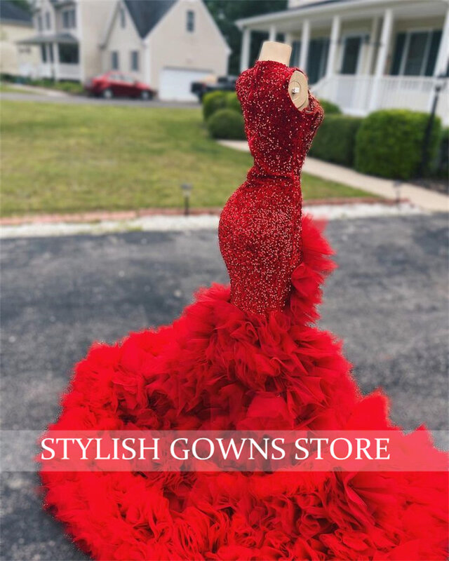 Red O Neck Long Prom Dress For Black Girls 2023 Beaded Crystal Birthday Party Dresses Ruffles Evening Gowns Mermaid High Slit