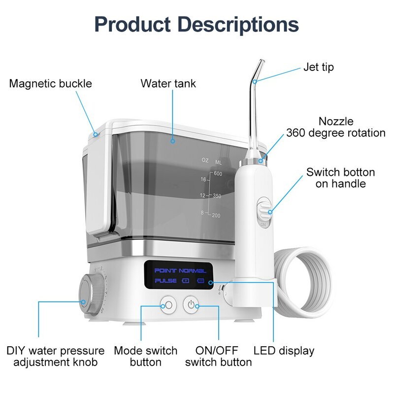 Oral Irrigator USB Rechargeable 10 Levels Water Flosser Portable Dental Water Jet 600ML Water Tank Household Teeth Cleaner