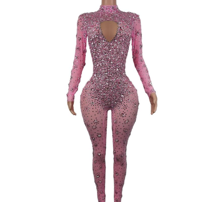 Pakaian panggung Bodysuit berlian imitasi seksi wanita legging merah muda penyanyi wanita Jumpsuit dansa Jumpsuit kristal klub malam