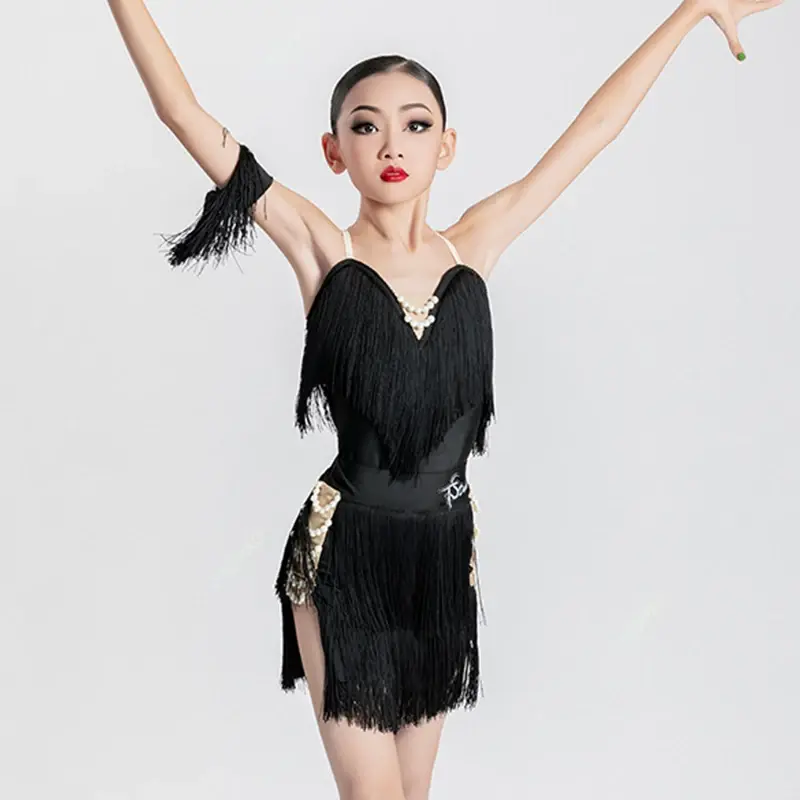 Vestido feminino de dança latina franja preta, fato de competição, roupa prática, samba ca ca ca, infantil, verão, novo