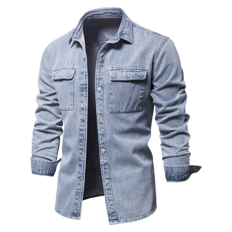 Camisa jeans grossa casual masculina, 100% algodão, streetwear, manga longa, casacos de alta qualidade, moda primavera