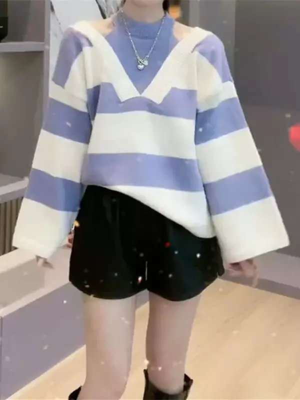 Koreańska moda damska sweter z dzianiny imitacja dwuczęściowej sweter w paski w stylu jesienno-zimowym