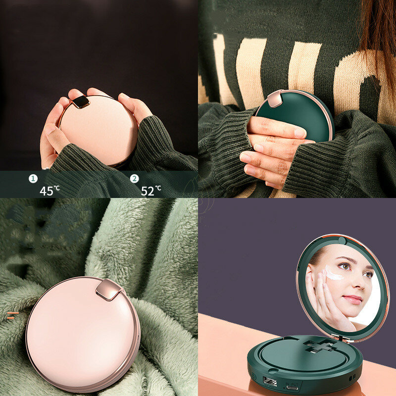Calentador de manos multifuncional retro tres en uno con espejo de maquillaje, Banco de energía con cable USB, pastel eléctrico