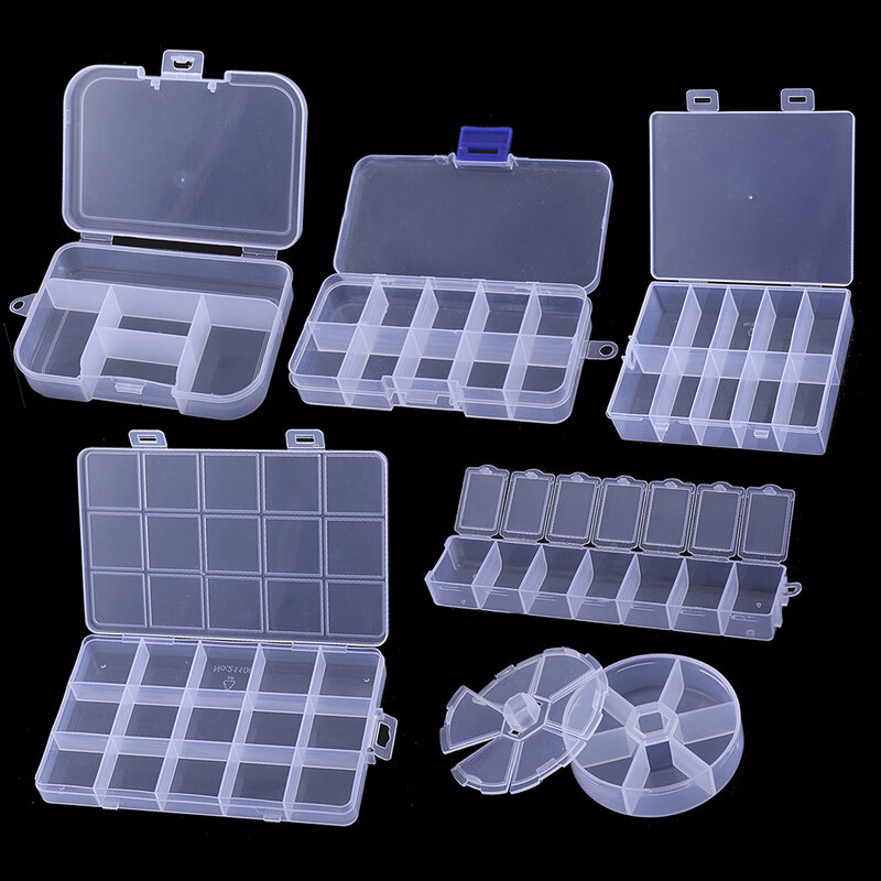 Caja de plástico transparente para almacenamiento de joyas, contenedor con compartimentos para cuentas, manualidades, aparejos de pesca, caja para pendientes, 5/10/15 rejillas