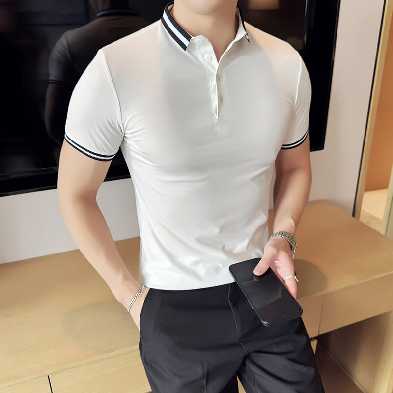 Camisa polo respirável para homens, camisa de manga curta com gola listrada, cor sólida, tamanho m-4xl, verão, 2024
