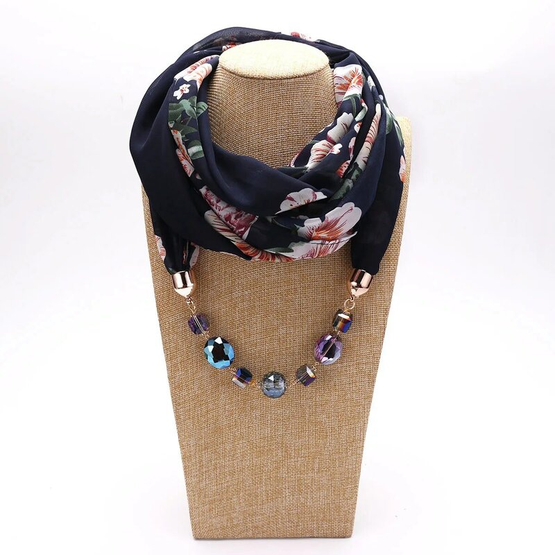Jewelry Scarf Chiffon Necklace Resin Beads Pendant Women Scarf Fresh Spring/Autumn Muslim Head Scarves Hijab
