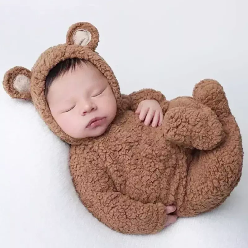 Newborn Photography Props Baby Photoshoot Outfit Bear Bonnet Pajama Set Infant Photo Prop Brown Plush Bear Ear Hat Footie Romper