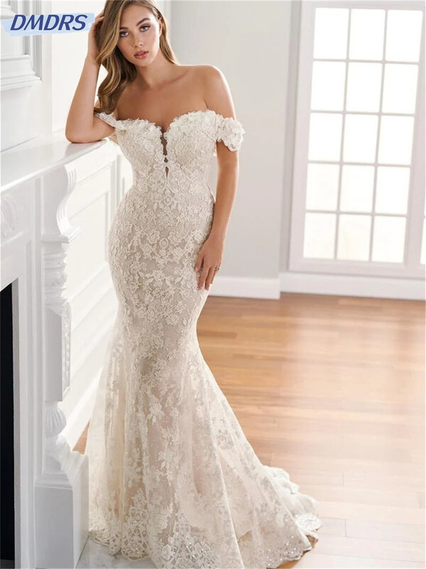 Vestido de noiva solene fora do ombro, charmoso vestido de renda, vestido até o chão, vestido romântico, 2024