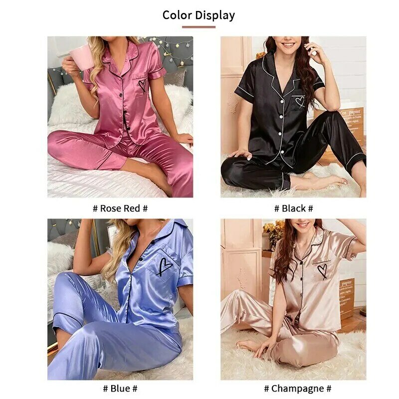 Conjunto de pijama bordado cetim feminino, pijama de botão manga curta, coração de bolso, pijamas confortáveis, calça lounge