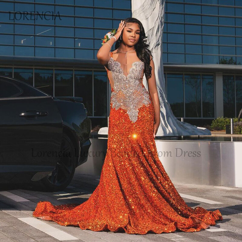 Sparkly Orange Diamonds Prom Dress Black Girl Crystals Beads Mermaid Evening Party Gown Sleeveless Formal vestidos de gala