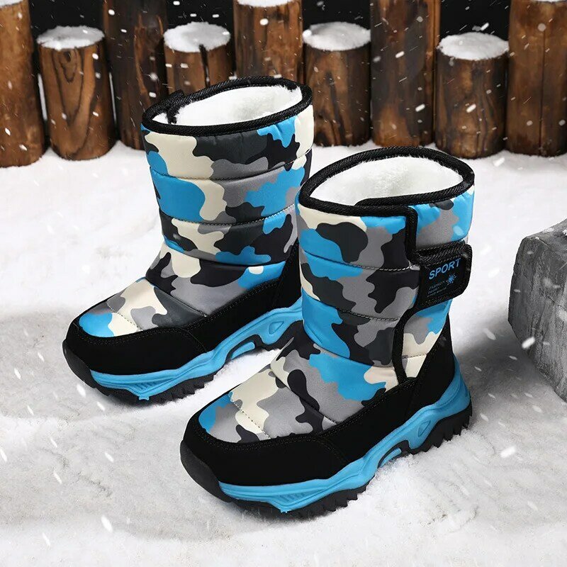 Botas de lana gruesa y cálida para niños y niñas, zapatos de nieve, botines de camuflaje, zapatos de algodón, Invierno