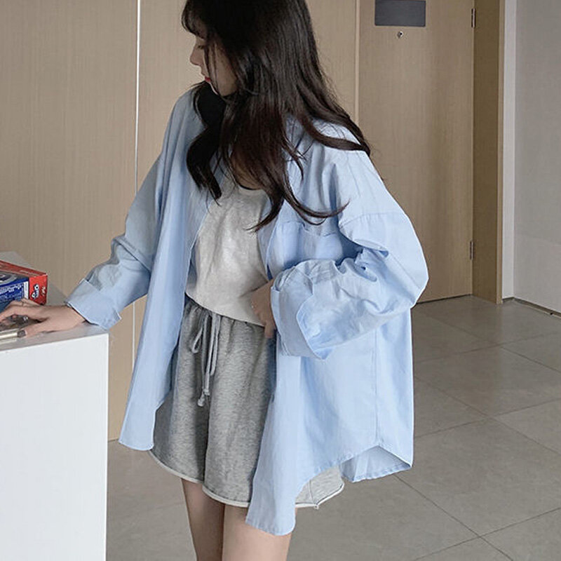 Blus Kancing Tunggal Saku Warna Solid Mode Baru 2022 Kemeja Wanita Cocok untuk Semua Jenis Korea Longgar Kerah Polo Lengan Panjang Wanita