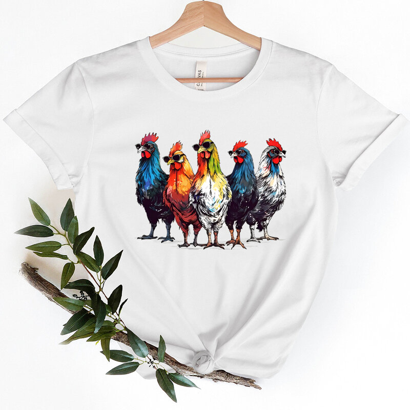 Dames T-Shirt Groep Kippen Dragen Zonnebril T-Shirt Super Schattige Kip Korte Mouw Cadeau Voor Vrienden Kip Moeder Tops