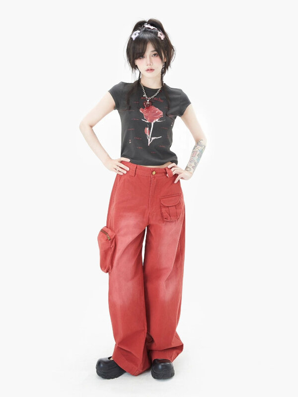 Nuovi jeans strappati donna Sweet Cool 3D Pocket Workwear pantaloni larghi in Denim di alta qualità pantaloni larghi Oversize retrò piccanti ragazza y2k