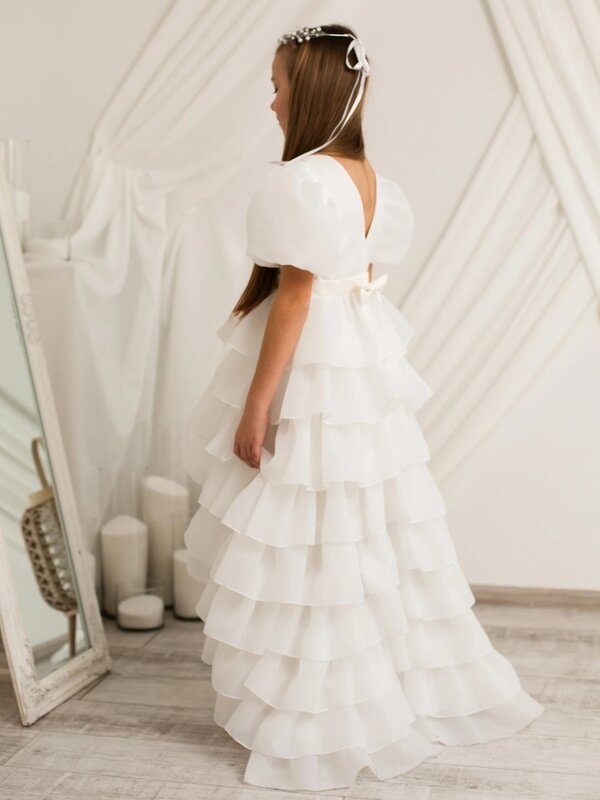 Vestido de cetim branco para florista, saia alta-baixa, manga curta, casamento, festa de aniversário, vestidos de primeira comunhão