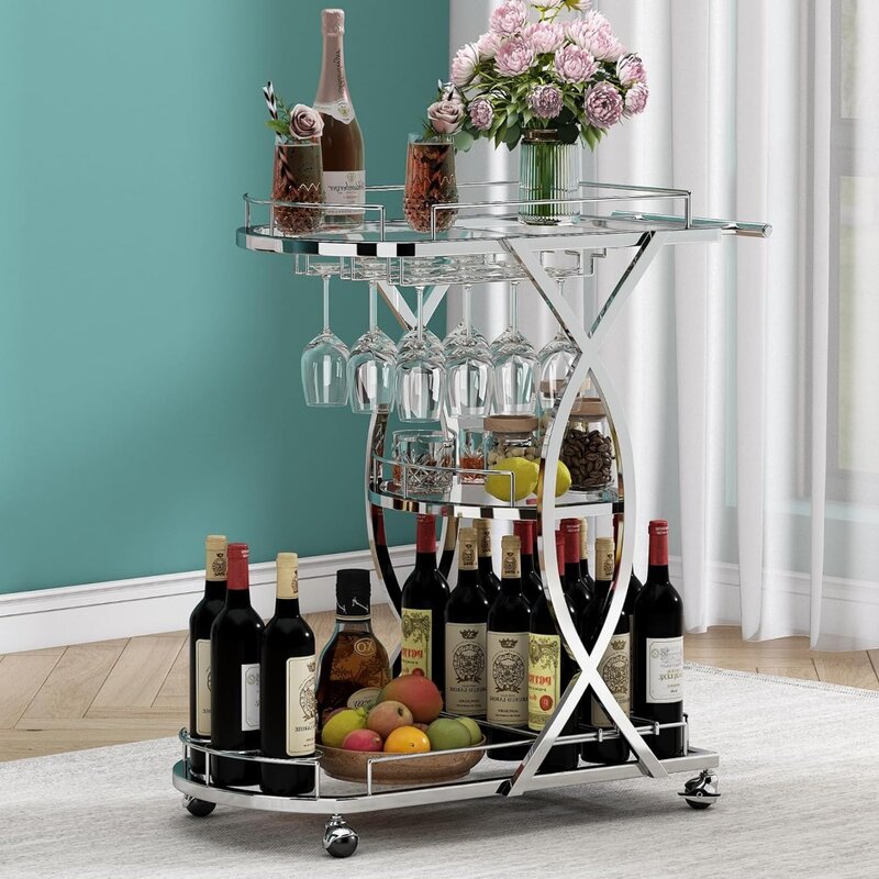 Bar Serving Cart with Glass Holder and Wine Rack, 3-Tier  Trolley with Tempered Glass Shelves and Chrome-Finished Metal Frame