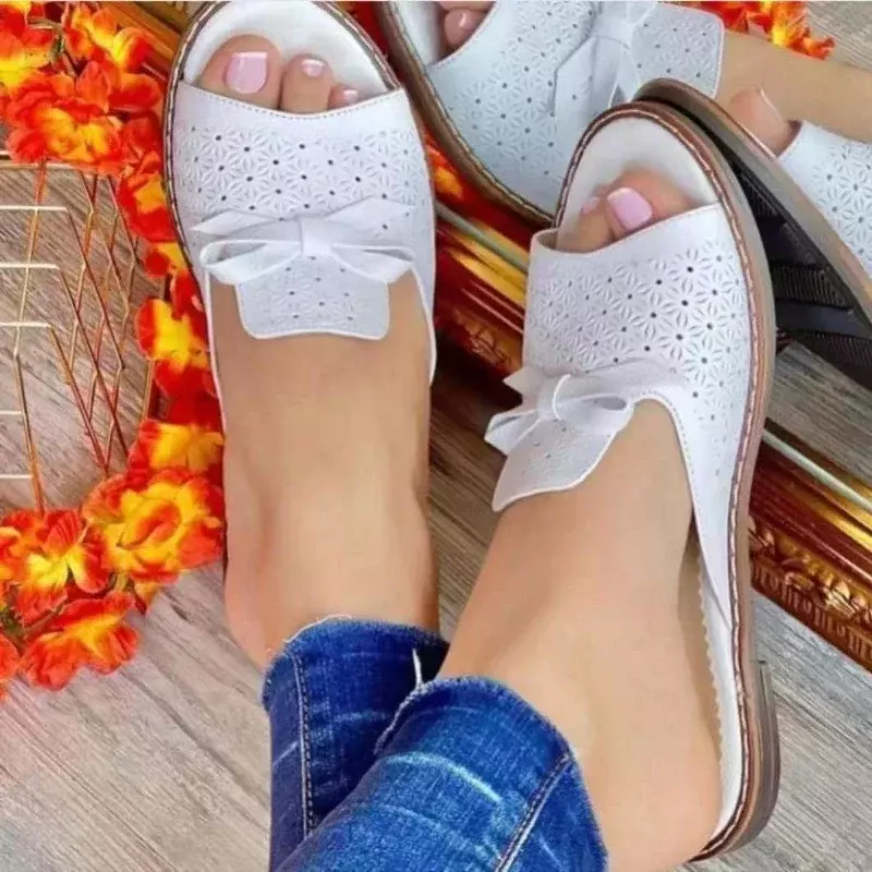 Women's Slipper Butterfly Knot Casual Flats Peep Toe Solid Color Fashion Non-Slip Ladies Slides Plus Size Female Footwear 2024