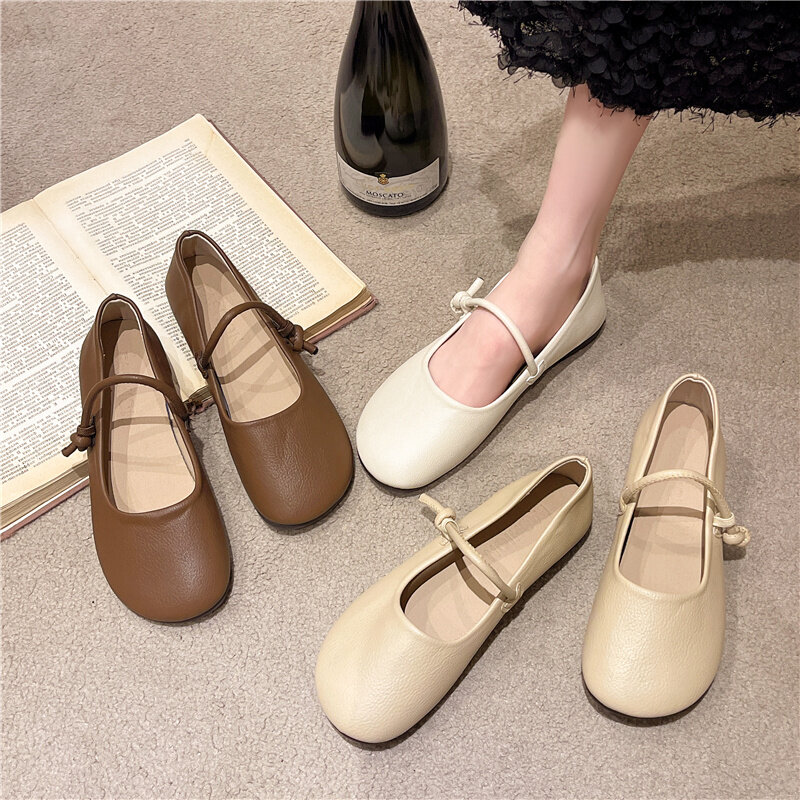 Genuine leather soft sole small leather shoes for women, spring shallow cut single shoes, ethnic style artistic handmade shoes