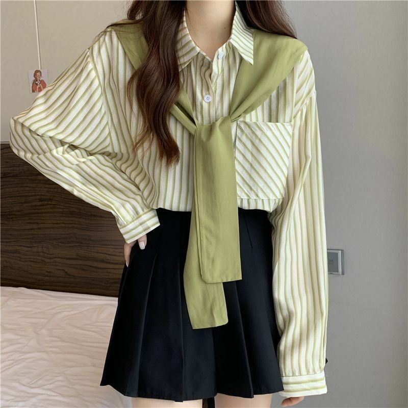 Women Stripe Shirt Autumn Korean New Polo Neck Commuter Fashion  Button Pocket Cloak Spliced Casual Versatile Long Sleeved Tops