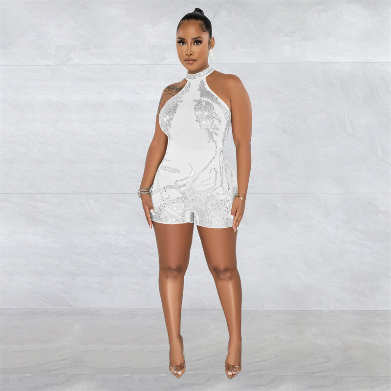 Sexy Rhinestones See Through Mesh Playsuit Women Romper Night Club Outfit Party Sleeveless Bodycon Jumpsuit Shorts Bodysuit 2023