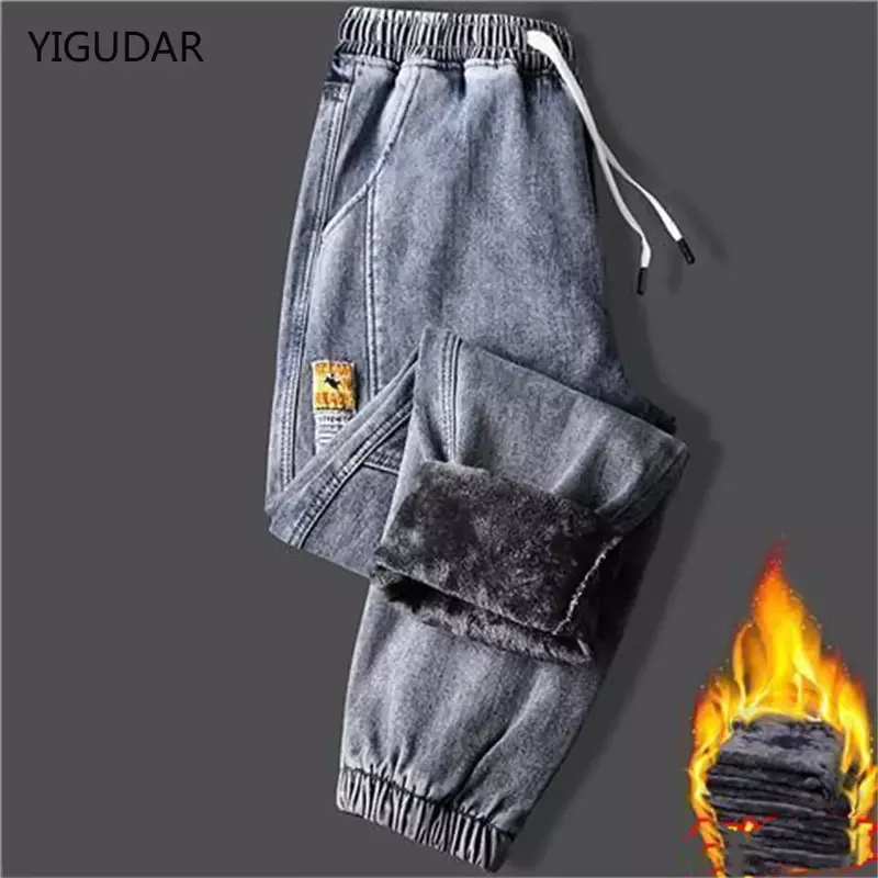 2022 nowe męskie jeansy zimowe dżinsy z polarem grube ciepłe spodnie dżinsowe męskie Streetwear czarne biegaczy Harem Jean termiczne spodnie