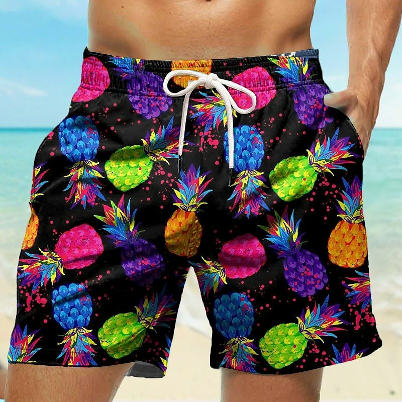 Pantalones cortos de tablero con estampado 3D de piña para hombre, bañadores de baño con cordón, secado rápido, pantalones cortos Hawaianos para vacaciones y playa, novedad de verano
