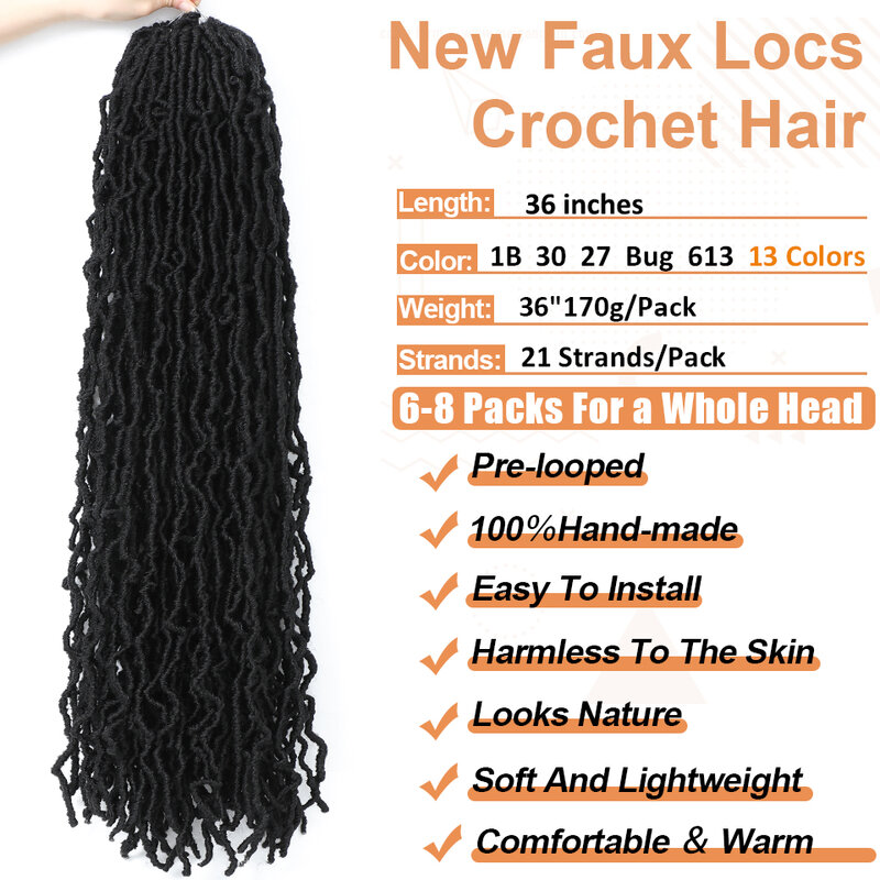 36 Inch Super Long Goddess Faux Locs Crochet Hair New Faux Locks Crochet Braid Bouclé Pre Extended New Soft Locs Crochet Hair
