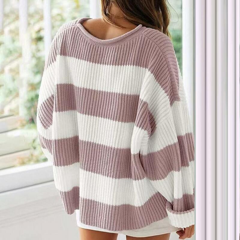 Jesienno-zimowy damski sweter z kolorowymi blokami gruba dzianina luźny pulower z okrągłym dekoltem elastyczny, przytulny, odporny na kurczenie, długi rękaw, sweter damski