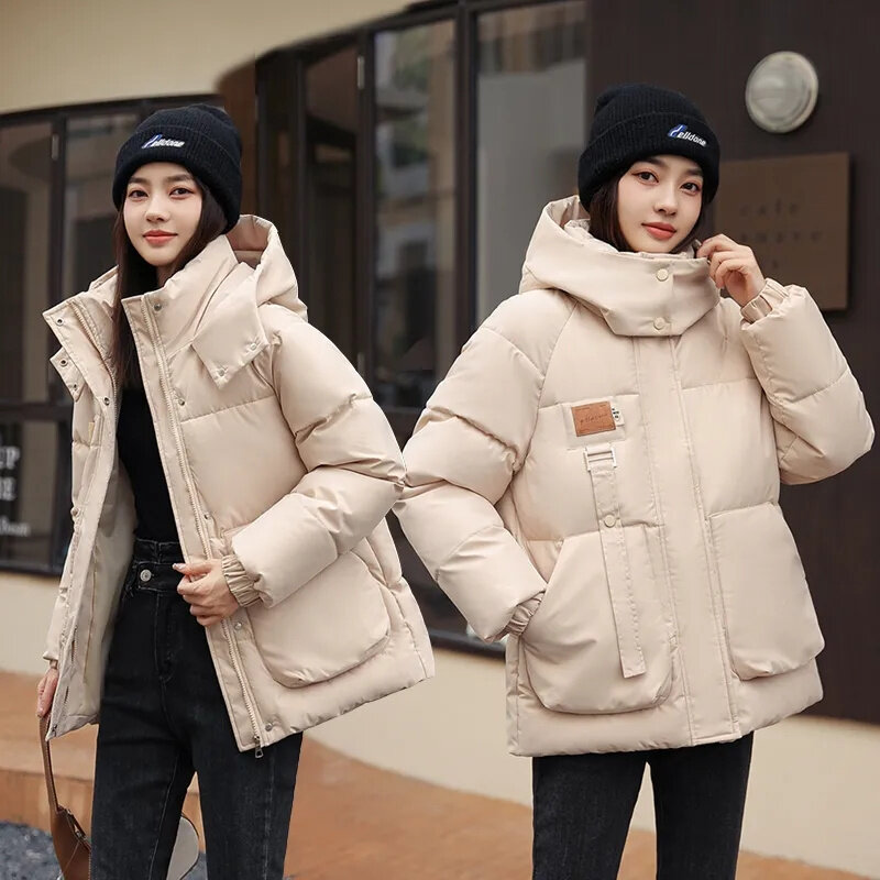 여성용 짧은 파카 겨울 재킷, 후드 다운 코튼 재킷, 여성 캐주얼 루즈 코튼 코트, 두껍고 따뜻한 외투, 2023 신상 패션